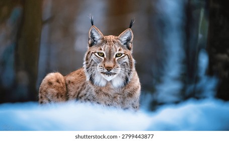 The medium sized Eurasian lynx (Lynx lynx) is native to Siberia, Central, East, and Southern Asia, North, Central and Eastern Europe. Resting in winter landscape in natural forest habitat