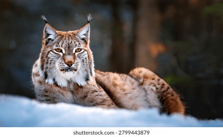 The medium sized Eurasian lynx (Lynx lynx) is native to Siberia, Central, East, and Southern Asia, North, Central and Eastern Europe. Resting in winter landscape in natural forest habitat
