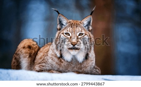 The medium sized Eurasian lynx (Lynx lynx) is native to Siberia, Central, East, and Southern Asia, North, Central and Eastern Europe. Resting in winter landscape in natural forest habitat