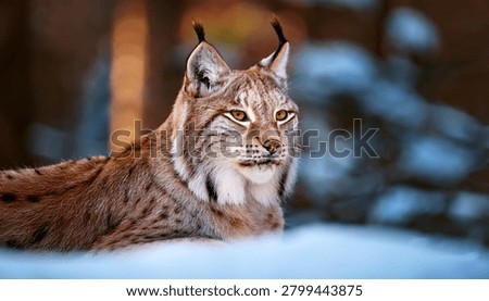 The medium sized Eurasian lynx (Lynx lynx) is native to Siberia, Central, East, and Southern Asia, North, Central and Eastern Europe. Resting in winter landscape in natural forest habitat