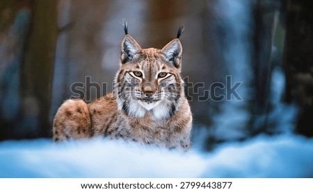 The medium sized Eurasian lynx (Lynx lynx) is native to Siberia, Central, East, and Southern Asia, North, Central and Eastern Europe. Resting in winter landscape in natural forest habitat