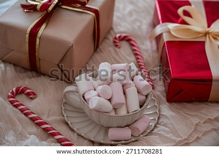 Medium View of Mug with Marshmallows and Christmas Gift Boxes