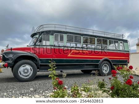 A medium-class delivery van produced under the British brand Bedford in the years 1952 - 1969 standing in the parking lot in front of the Linos winery in Omodos, Cyprus in the Troodos Mountains.