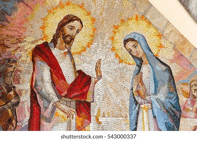 MEDJUGORJE, BOSNIA AND HERZEGOVINA, 2016/08/16. Mosaic of the wedding of Cana of Galilee where Jesus Christ worked his first miracle on the intercession of His Mother Mary. The second Luminous mystery