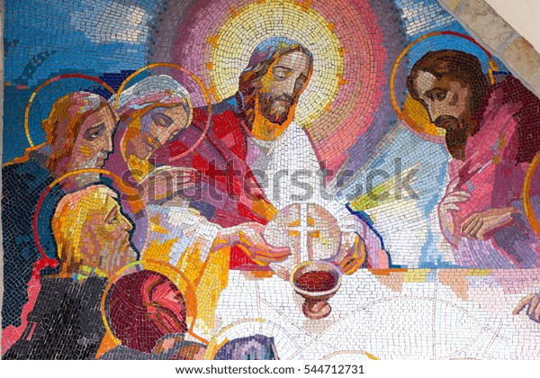 MEDJUGORJE, BOSNIA AND HERZEGOVINA, 2016/6/5. Mosaic of the institution of the Eucharist at the last supper by Jesus Christ as the fifth Luminous mystery.