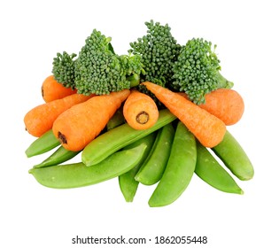 Medley Of Fresh Raw Vegetables Including Baby Carrots, Tenderstem Broccoli And Sugar Snap Peas Isolated On A White Background