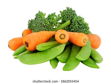 Medley Of Fresh Raw Vegetables Including Baby Carrots, Tenderstem Broccoli And Sugar Snap Peas Isolated On A White Background