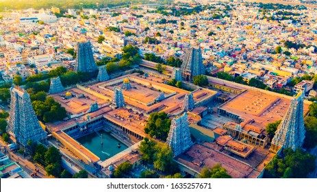 Meenakshi Amman Temple Madurai Tamilnadu India Drone Shot Sunset Beautiful 