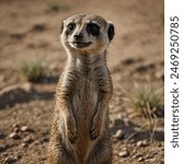 The meerkat is a small, social mammal native to the deserts of southern Africa. Recognizable by its slender body, pointed snout, and dark eye patches, the meerkat stands upright.