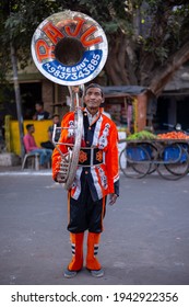 Meerut, Uttar Pradesh, India- 24 September 2018: Indian Band Master Holds Sousaphone Brass Instrument, Dressed In Wedding Ceremony Outfit, Posing For Photo.