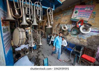 Meerut, Uttar Pradesh, India- 24 September 2018: Oldest Repair Shop Of Wedding Band Brass Instruments At Jali Kothi Area In Old Meerut City Western Uttar Pradesh.