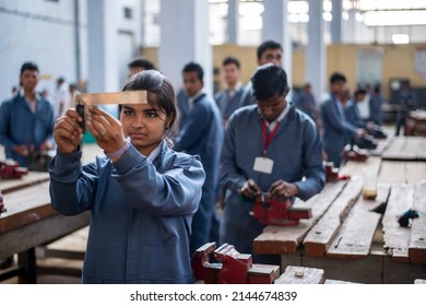 Meerut, Uttar Pradesh, India- April 22 2015: Girl In Uniform Attending Industrial Training Class At Government Industrial Training Institute In Meerut.