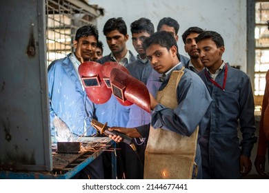 Meerut, Uttar Pradesh, India- April 22 2015: Male Student Learning Welding During Industrial Training Class, At Government Industrial Training Institute.