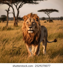 Meet the majestic male lion, the king of Africa's wild jungle. This stunning image captures the lion's fierce face, showcasing his powerful jawline and piercing gaze