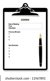 Meeting Agenda On Clipboard, With Fountain Pen.