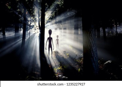 The meeting with an alien civilization - blurred aliens figure and light of an UFO spaceship landing in the forest
