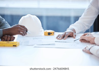 Meeting, architecture and hands of people with blueprint, collaboration and strategy for construction. Building, planning and civil engineering team in workshop with paperwork for project management - Powered by Shutterstock