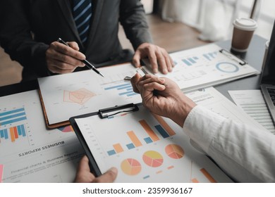 In a meeting between the finance and marketing departments to discuss work plans, two startup employees are brainstorming ideas for a profitable operating plan. Planning meeting concept. - Shutterstock ID 2359936167