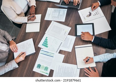 Meeting, Briefing And Marketing Strategy Discussion Of Business People Planning Company Growth Using Data. Overhead Of Corporate Professionals Or Management Talking And Discussing Graphs And Charts