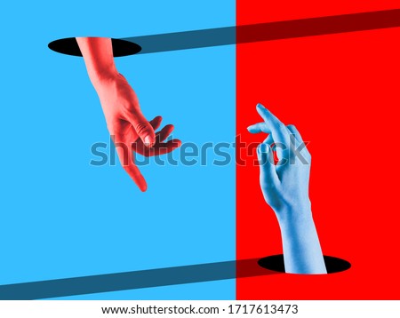 Meeting. Bright painted human hands touching by fingers. Contemporary art collage. Modern design work in vibrant trendy colors. Stylish and fashionable composition, youth culture. Copyspace.