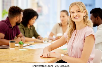 Meeting, Collaboration And Business Woman Portrait With Teamwork, Brainstorming Idea In Workplace. Motivation, Goal And Mission Of A Corporate Worker Planning Leadership, Strategy Or For Contact Us