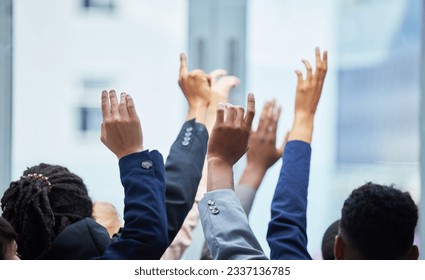 Meeting, conference and business people raise hands for speaking at a corporate seminar. Diversity, tradeshow and closeup of group of employees with a question gesture at a convention in the office. - Powered by Shutterstock