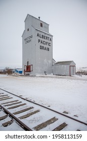 Meeting Creek, Alberta - April 11, 2021: Grain Elevators In The Small Town Of Meeting Creek.