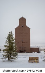 Meeting Creek, Alberta - April 11, 2021: Grain Elevators In The Small Town Of Meeting Creek.