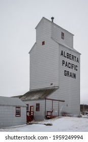 Meeting Creek, Alberta - April 11, 2021: Grain Elevators In The Small Town Of Meeting Creek.