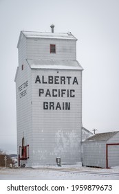 Meeting Creek, Alberta - April 11, 2021: Grain Elevators In The Small Town Of Meeting Creek.