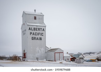 Meeting Creek, Alberta - April 11, 2021: Grain Elevators In The Small Town Of Meeting Creek.