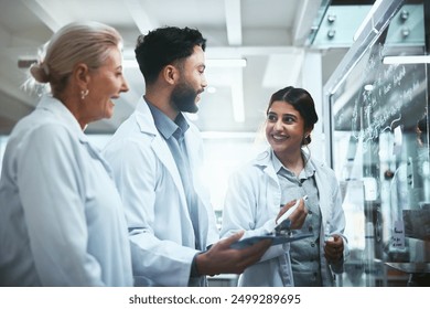 Meeting, glass wall and team of scientists in lab for pharmaceutical innovation with drug trial plan. Discussion, manager and biomedical students with internship for analytical chemistry research.