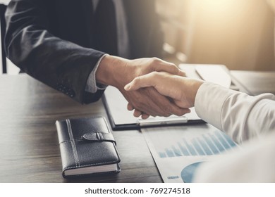 Meeting And Greeting Concept, Two Confident Business Handshake And Business People After Discussing Good Deal Of Trading Contract And New Projects For Both Companies, Success, Partnership, Co Worker.