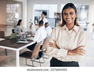 Meeting  Indian woman portrait   proud manager in conference room and collaboration  Success  employee management   worker feeling happy about workplace teamwork strategy   company growth