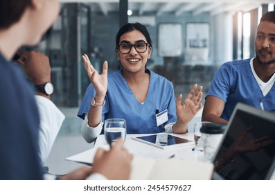 Meeting, internship and team of doctors in office for medical treatment, diagnosis or surgery plan in clinic. Discussion, collaboration and surgeon with group of healthcare students learn in hospital - Powered by Shutterstock