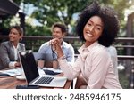 Meeting, laptop and woman with portrait, smile and coffee shop or cafe. Technology, glasses and rainforest protection council, businesspeople and deforestation prevention for preservation workshop