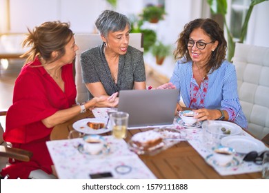 Meeting Of Middle Age Women Having Lunch And Drinking Coffee. Mature Friends Smiling Happy Using Laptop At Home On A Sunny Day