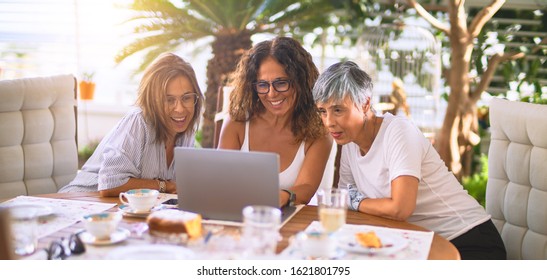 Meeting Of Middle Age Women Having Lunch And Drinking Coffee. Mature Friends Smiling Happy Using Laptop At Home On A Sunny Day