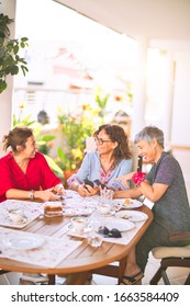 Meeting Of Middle Age Women Having Lunch And Drinking Coffee. Mature Friends Smiling Happy Using Smartphone At Home On A Sunny Day