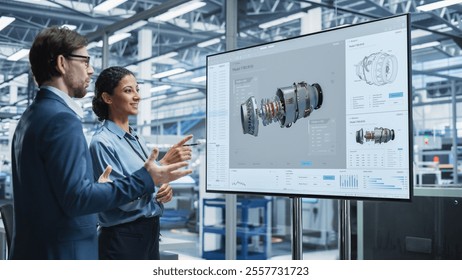 Meeting In Office Of Autonomous Factory With Robotic Arms: Hispanic Female Chief Engineer Talking with Caucasian Male Business Partner in Conference Room with TV with Engine Blueprint in CAD Software