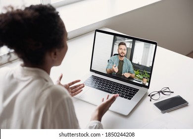 Meeting Online. Woman Having Discussion Or Web Conference Chat. Work, Study From Home, Job Interview, Online Video Conferencing, Web Chat Meeting, Distance Education, E-learning Concept