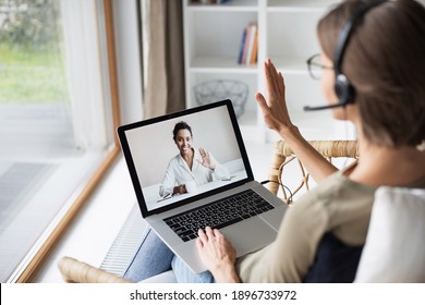 Meeting online. Woman having discussion or web conference chat. Work or studying from home, freelance, video call, online video conferencing, web chat meeting, distance education, friendship concept