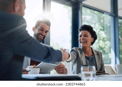 Meeting, partnership and business people shaking hands in the office for a deal, collaboration or onboarding. Diversity, professional and employees with handshake for agreement, welcome or greeting.