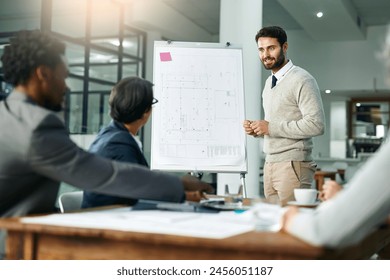 Meeting, presentation and whiteboard with architect man in boardroom of office for planning. Building, construction or project management with design engineer in workplace for training workshop
