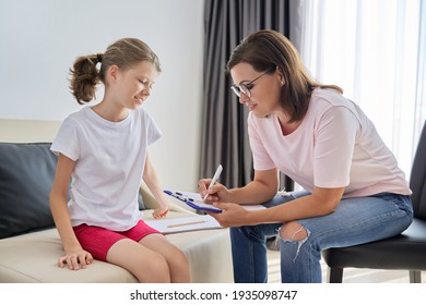 Meeting Of Pre-teen Child Girl And Female Social Worker Psychologist Teacher At Office