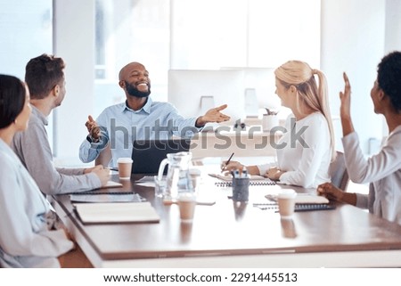 Meeting, question and collaboration with a businessman in the boardroom, talking to his team for planning. Teamwork, training and strategy with a black male employee asking a colleague for input