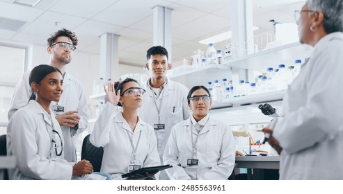 Meeting, research and group of scientists in laboratory with mentor for bio medical internship. Question, discussion and pharmaceutical science students with lecturer for experiment or discovery. - Powered by Shutterstock