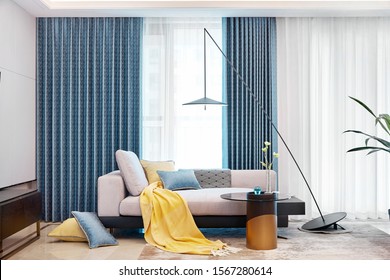meeting room,the sofa in front of the blue curtain 