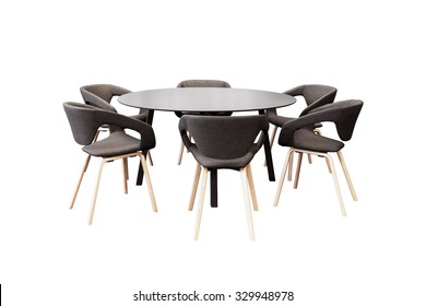 Meeting Round Table And Black Office Chairs For Conference, Isolated On White Background