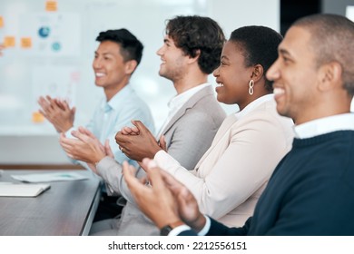 Meeting, Success And Hand Clapping In Presentation By Business People After Motivation And Goal Speech In Office. Applause, Sale And Diverse Team Cheering About Growth, Data And Development Target